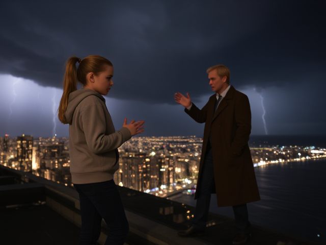A petite 13-year-old girl with strawberry blonde hair in a ponytail, wearing a hooded pullover and jeans, is standing on the roof ledge of a night club. Next to her on the roof, standing nearby is a modern-day, pale skinned vampire in his late twenties, with blonde hair, dressed in a brown trench coat and jeans. He appears uneasy as he looks at her, holding his hands out and taking a step back. The girl gestures angrily at him, flailing her arms and scowling at him in frustration. A thunderstorm approaches the cityscape from the sea shore. Set at night.