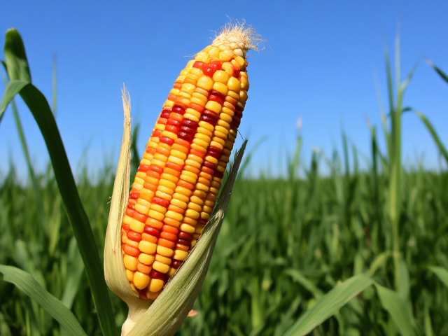 Wacky and irregular corn cob with uneven, vibrant kernels, vivid and colorful, in a lush green field under a clear blue sky