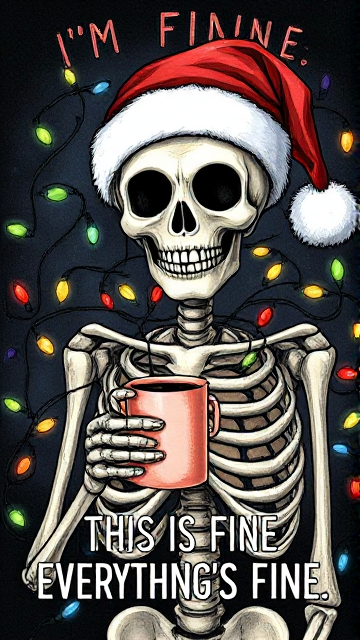 A skeleton wearing a Santa hat tangled in Christmas lights, holding a coffee cup, with the text "I'M FINE. THIS IS FINE. EVERYTHING'S FINE." in a hand-drawn style, digital illustration, detailed, intricate,  dark humor, festive,  Christmas themed.