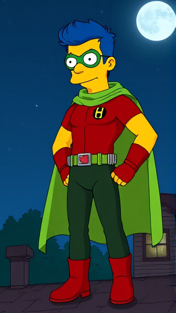Cartoon scene: Milhouse Van Houten from The Simpsons, with his yellow skin, really big round nose, and blue hair that's slicked back and curled up at the top, but as a tall, 18-year old teenager, dressed as a parodied version of Robin, The Boy Wonder, with an extremely muscular body, wearing a dark green bodysuit with a red torso adorned with a small black circle with a light-green "H" symbol on his left pectoral, a silver utility belt with a red square buckle with silver pouches attached to it that hold all of his unique gadgets, red boots, red long-cuffed gloves, a really big, toe-length long, ultra-wide light-green cape wreathed around his neck held up by an inverted silver triangular button, and a light-green eye mask with optical lenses in it that protects his true identity, now known as Houseboy, The Nerd Wonder, the other half of Springfield's Dynamic Duo, and one of the greatest vigilante superheroes ever known in Springfield. In this scene, Houseboy is currently standing on the roof of his house at night, ready for action.