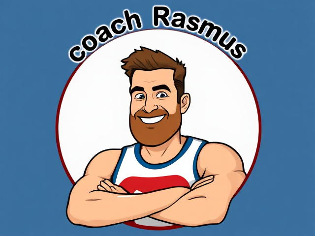 Cartoonist looking athlete in a circle with the text above 'coach Rasmus'