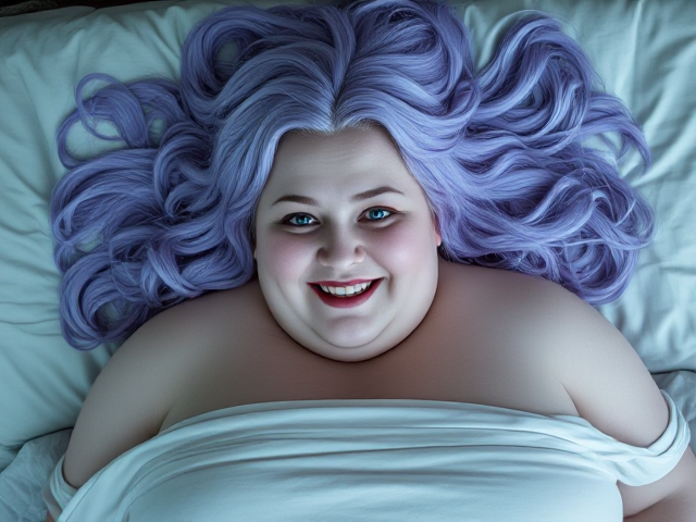 Images of A tall obese white woman long light purple hair blue eyes  laying on the bed  smiling