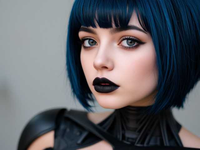 Nymph goth girl, with face tattoos in a prosthetic robotic suit, blue black short hair, black lipstick, 25 years.