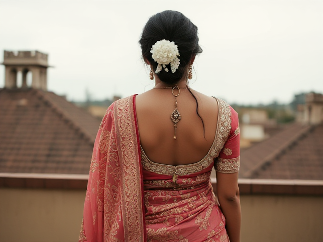 Indian woman in traditional Nikkah clothing with back turned on a balcony roof, skinny