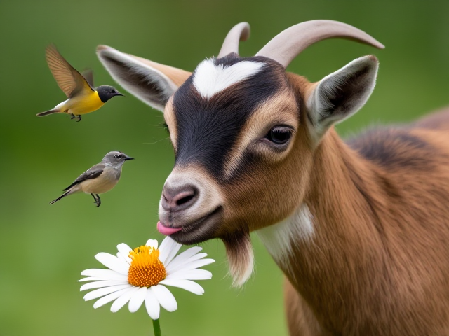 Create an image of a chubby baby goat smelling a flower with a honeyeater bird flying around it.