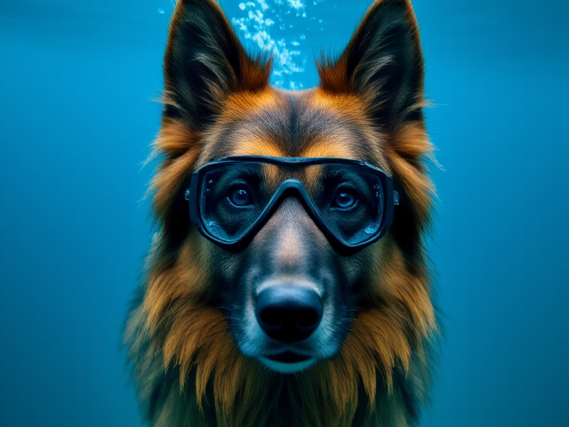 A anthropomorphic long haired German shepherd wearing Freediving goggles, blue in the face from holding breath too long