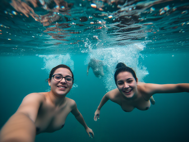 People swimming underwater close up
