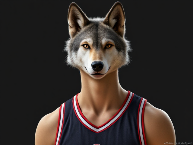 A tall and lean anthropomorphic gray wolf basketball player