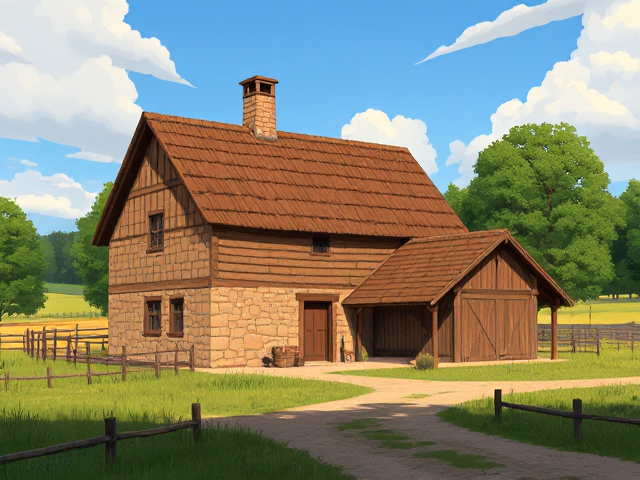 Une jolie ferme en pierre, avec une grange a côté,  dans la campagne, isolée, au milieu des prairies et des forêts