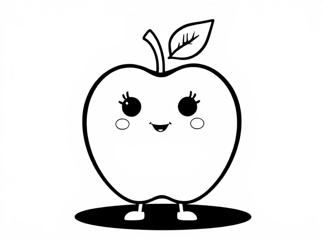 Create a simple black-and-white coloring page featuring a cute little apple designed in a sketch style. The apple should be illustrated as a full-body outline in a mandala style, ensuring it appears playful and approachable for young children aged 2 to 4. Design the apple  with basic,friendly features, emphasizing a round body and incorporating a few gentle curves for legs and a tail. Include a friendly expression to enhance its inviting character.