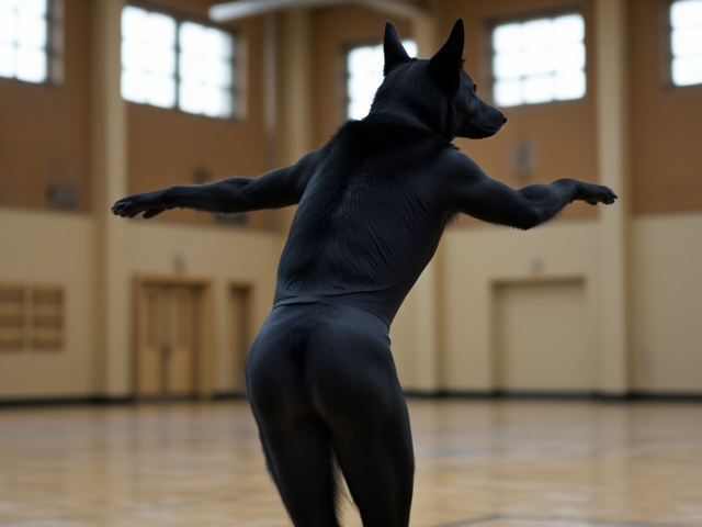 Anthropomorphic black German shepherd, wearing a gymnastics leotard, performing in a gymnasium, dynamic pose