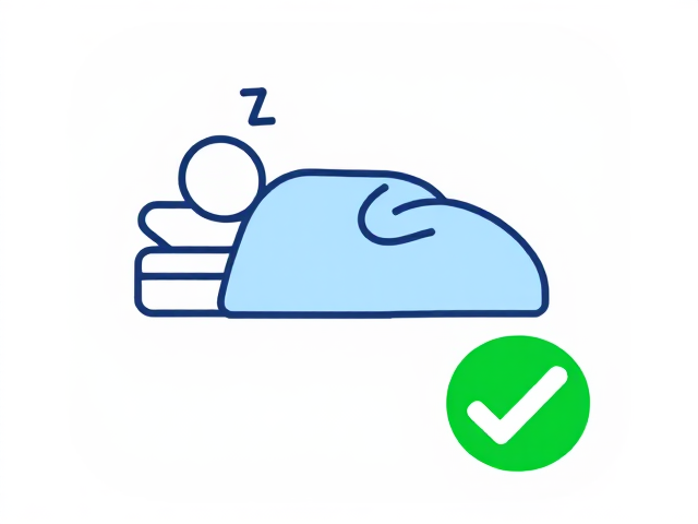 Add an icon of a person sleeping peacefully on a bed, symbolizing the importance of rest. The figure should be simple, lying horizontally with a light blue blanket covering the lower half of their body. Include a small "Z" or multiple "Z"s above the person's head to indicate they are sleeping. Enclose the icon within a white, rounded square background to make it stand out. Below the icon, place a bright green checkmark to emphasize sleep as a recommended action.