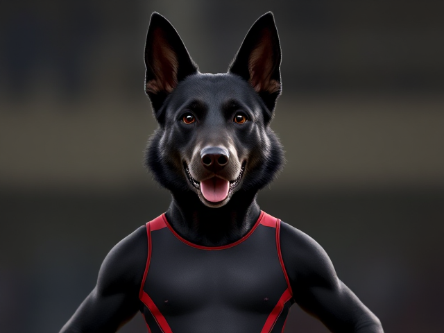 A anthropomorphic black German shepherd Olympic gymnast wearing a leotard