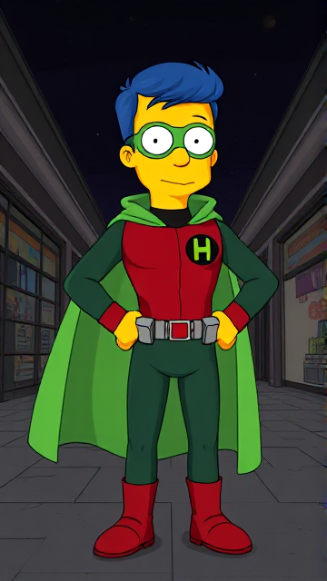 Cartoon scene: Milhouse Van Houten from The Simpsons, with his yellow skin, really big round nose, and blue hair that's slicked back and curled up at the top, but as a tall, 18-year old teenager, dressed as a parodied version of Robin, The Boy Wonder, with an extremely muscular body, wearing a dark green bodysuit with a red torso adorned with a small black circle with a light-green "H" symbol on his left pectoral, a silver utility belt with a red square buckle with silver pouches attached to it that hold all of his unique gadgets, red boots, red long-cuffed gloves, a really big, toe-length long, ultra-wide light-green cape wreathed around his neck held up by an inverted silver triangular button, and a light-green eye mask with optical lenses in it that protects his true identity, now known as Houseboy, The Nerd Wonder, the other half of Springfield's Dynamic Duo, and one of the greatest vigilante superheroes ever known in Springfield. In this scene, Houseboy is currently standing in a dark, abandoned mall at night, investigating the scene of the crime.