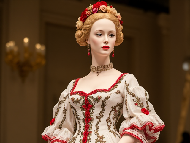 Mannequin with a white royal mid 1700s style gown with red accents, and floral accents, and cheetah print accents, full body