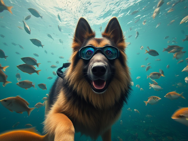 A long haired German shepherd Freediving while wearing Freediving goggles, surrounded by fish