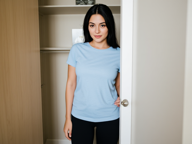 Beautiful Brunette with dark hair wearing a light blue t shirt and black yoga pants found at home in a closet hiding