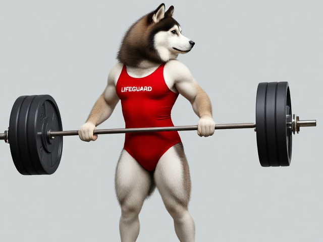 A anthropomorphic alaskan malamute wearing a red lifeguard one piece swimsuit deadlifting a barbell