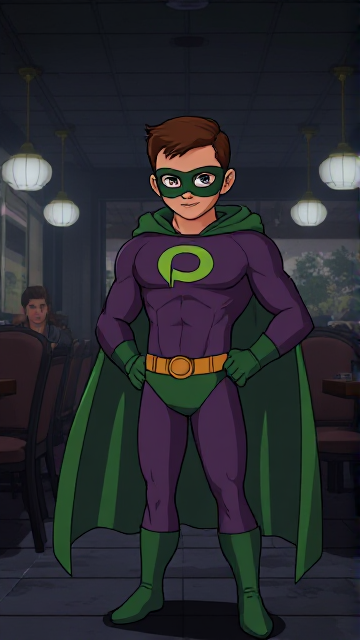 Dramatic Comic Book Cartoon scene: A young, Autistic 25-year old boy with light skin and flat, smooth, and slick brown hair with a singular curled bang in the shape of a P sticking out at the front named T.J. Granger, but transformed into a genetically-altered superhero named Powerman, who, despite still being a young adult kid, has an extremely muscular body. He wears a sleek purple bodysuit with a green P symbol on his chest, a golden belt with a circular buckle, green briefs, green boots, green long-cuffed gloves, a really big, toe-length long, ultra-wide green cape wreathed around his neck, and a green eye mask that protects his true identity. He also has incredible and invincible superpowers flowing through his veins. In this scene, Powerman is currently standing in a dark, abandoned restaurant at night by himself, intently awaiting the arrival of someone he knows.
