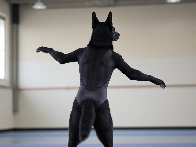 Anthropomorphic black German shepherd, wearing a gymnastics leotard, performing in a gymnasium, dynamic pose