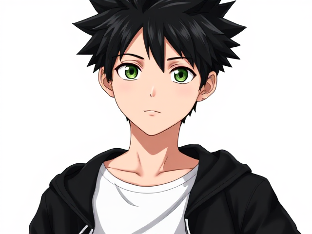 My hero academia inspired styled OC. Black spikey hair. Around 14. Wears a white T-shirt with a black jacket. 3/4 view. Green or grey eyes. Full head in view