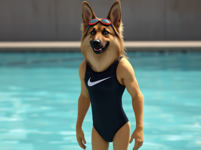 A anthropomorphic long haired German shepherd with a long torso and short legs, wearing a Nike one piece swimsuit and swimming goggles