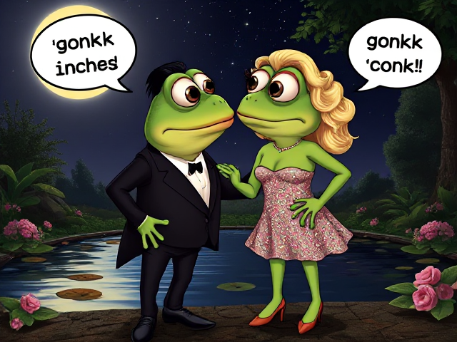 A very cartoon frog wearing a dark suit with slicked-back Elvis Presley hair, a French mustache, and polished shoes, standing next to another frog in a strapless sequined dress with big eyelashes, blonde curly hair, and high heels. Their lips are puckered as if to kiss, with their eyes bulging out like a old cartoon against a romantic moonlit background with twinkling stars and soft glowing light reflecting on a serene pond surrounded by blooming flowers and lush greenery. Eyes are shooting out six inches. There are speech bubbles saying "gonk gonk" there eyes are sticking out of there heads
