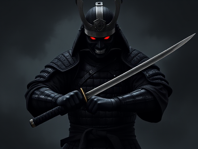 A naruto art style image of a dark, menacing samurai warrior in full battle armor stands ready, gripping his katana with both hands. The samurai’s face is hidden behind a fearsome mask with glowing red eyes. The background is shadowy and atmospheric, creating an ominous and intense mood. The image should be stylized in dark, gritty tones, with a focus on the samurai's details, including worn armor and the menacing aura around him.