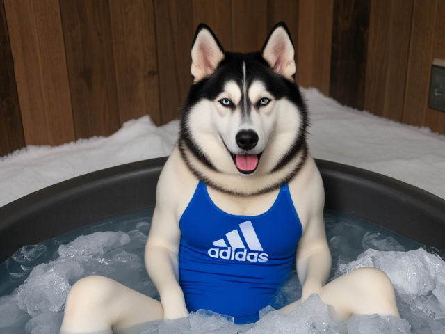 A anthropomorphic Siberian husky wearing a blue adidas swimsuit sitting in a ice bath relaxing her sore muscles