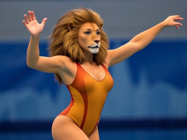 A anthropomorphic female lion synchronized swimmer wearing a one piece swimsuit