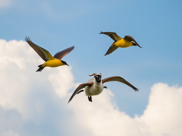Create an image of three honeyeater birds flying through the sky and carrying a baby goat.