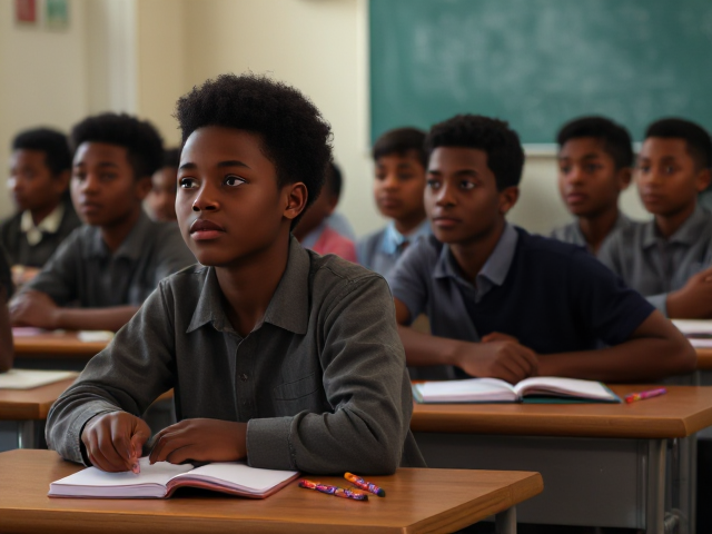 Des élèves noirs de huit ans assis en classe, écoutant attentivement le professeur, avec des cahiers et des crayons sur leurs bureaux