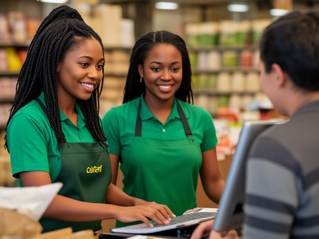 A photo of a beautiful black kenyan cashier with green clothes using a system to manage customers  the customer is very satisfied. The background reveals a wholesale store.