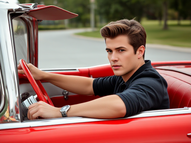 a hi res photorealistic picture of a James Dean type looking man driving a 1950's candy red convertible.