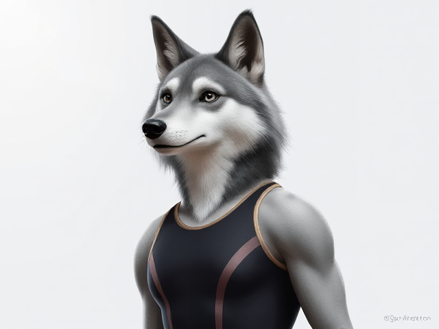 A anthropomorphic gray wolf Olympic gymnast with a long torso wearing a leotard