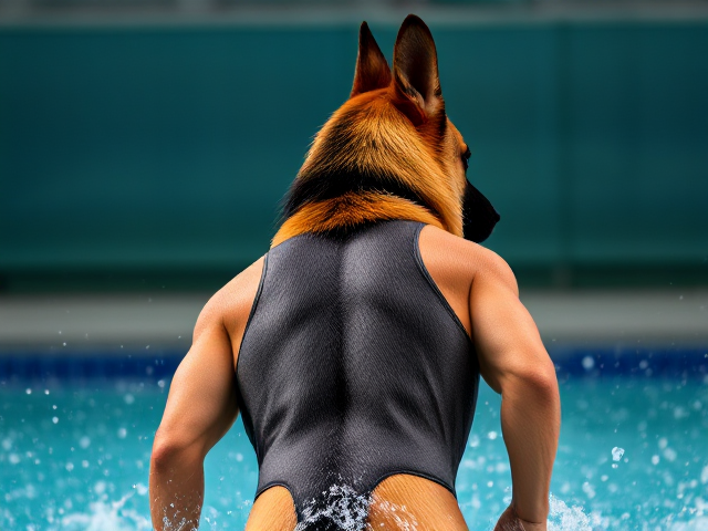 Anthropomorphic German shepherd with highly detailed fur texture, wearing a sleek water polo swimsuit, showcasing a muscular and athletic build in an action-packed dynamic pose, using vibrant colors and maintaining sharp focus throughout the image