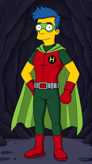 Cartoon scene: Milhouse Van Houten from The Simpsons, with his yellow skin, really big round nose, and blue hair that's slicked back and curled up at the top, but as a tall, 18-year old teenager, dressed as a parodied version of Robin, The Boy Wonder, with an extremely muscular body, wearing a dark green bodysuit with a red torso adorned with a small black circle with a light-green "H" symbol on his left pectoral, a silver utility belt with a red square buckle with silver pouches attached to it that hold all of his unique gadgets, red boots, red long-cuffed gloves, a really big, toe-length long, ultra-wide light-green cape wreathed around his neck held up by an inverted silver triangular button, and a light-green eye mask with optical lenses in it that protects his true identity, now known as Houseboy, The Nerd Wonder, the other half of Springfield's Dynamic Duo, and one of the greatest vigilante superheroes ever known in Springfield. In this scene, Houseboy is currently standing in his dark, secret high-tech lair deep underground, the House Cave, ready for action.
