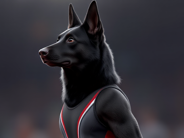 A anthropomorphic black German shepherd Olympic gymnast wearing a leotard
