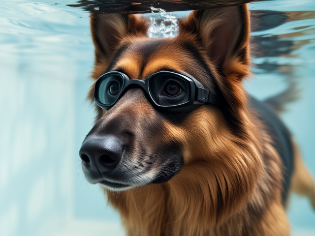 A long-haired German Shepherd wearing swimming goggles underwater
