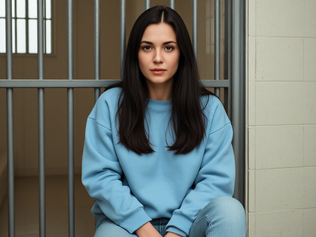 Thin brunette in her 20s with dark hair wearing a light blue sweatshirt and light blue jeans sitting in jail