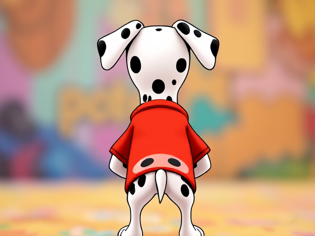 Cartoon dalmatian dog with a joyful expression, wearing a bright red T-shirt, standing confidently, no pants, colorful background