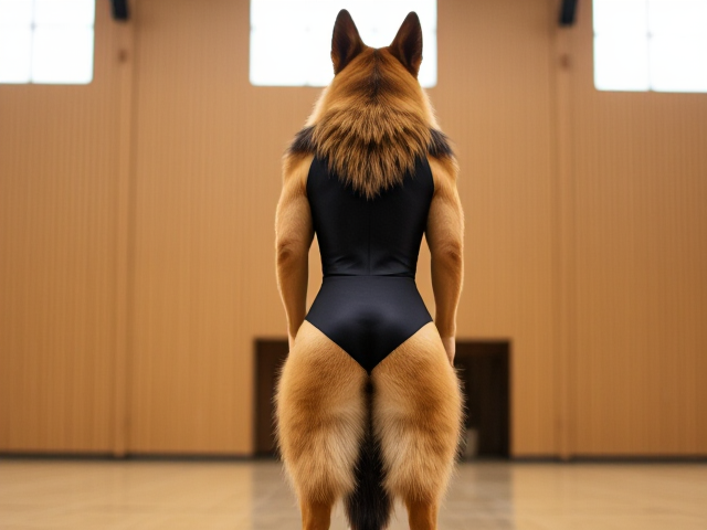 A anthropomorphic long haired German shepherd with large hips stands tall wearing a gymnastics leotard in a gymnasium