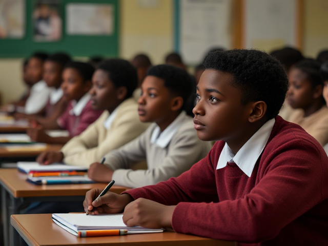 Des élèves noirs de huit ans assis en classe, écoutant attentivement le professeur, avec des cahiers et des crayons sur leurs bureaux