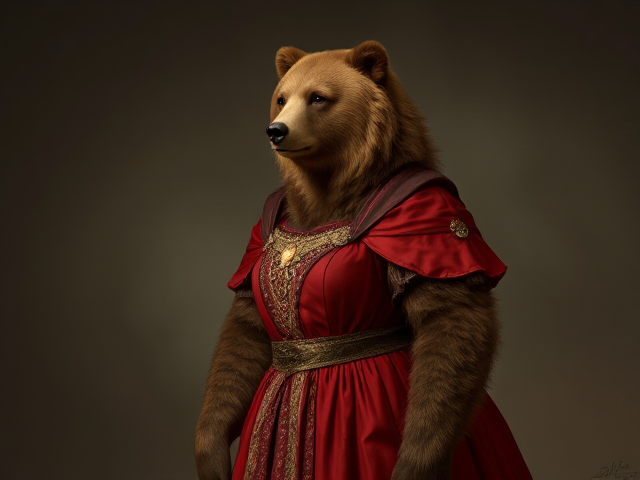 Image d'une femelle ours brun qui se tient debout
Habillé en princesse du moyen-âge, robe rouge