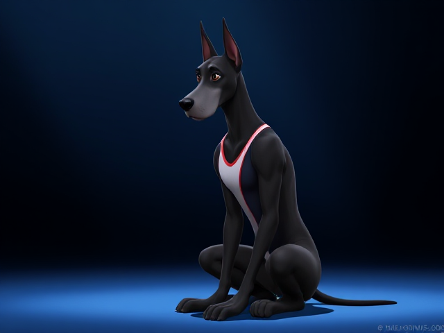 A anthropomorphic Great Dane Olympic gymnast wearing a leotard, sitting down