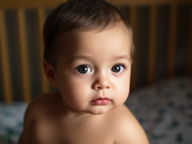 A tan baby girl with heterochromia eyes in a crib