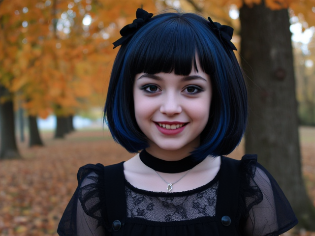 Young Nympho Goth girl, 20 years, with blue black short hair, dark makeup, Halloween spooky dress, fall Autumn leaves and trees in background, spooky smile.