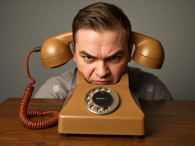 Show me an old fashioned telephone with an angry face