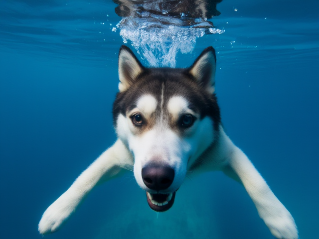 Alaskan malamute swimming underwater with freediving goggles, clear blue water, detailed fur and bubbles around