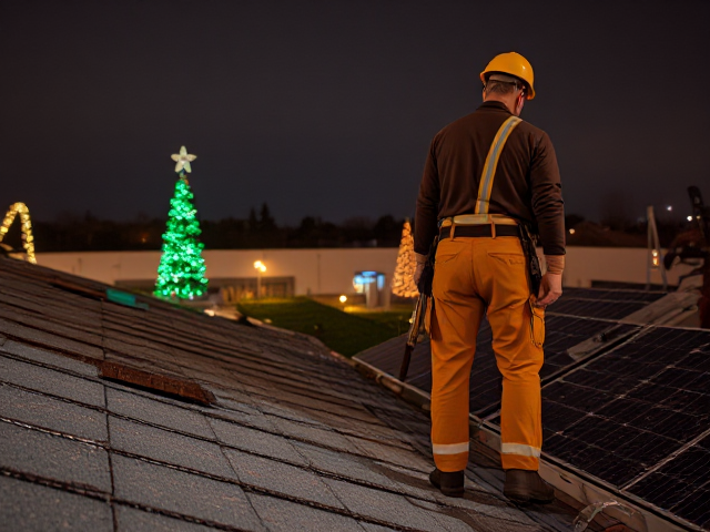 genere moi une image aux couleurs de noel ou je peux y voir des ouvriers du batiment dont un couvreur et une personne travaillant sur un chantier de panneaux solaires habillé avec un pantalon de travail carpenter